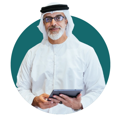 Salama Personal Savings and Investments plans in UAE, Idikhar Plus Secure, Regular contribution Savings and investments plan with additional security, image of Old Arab guys with white bread and an IPad